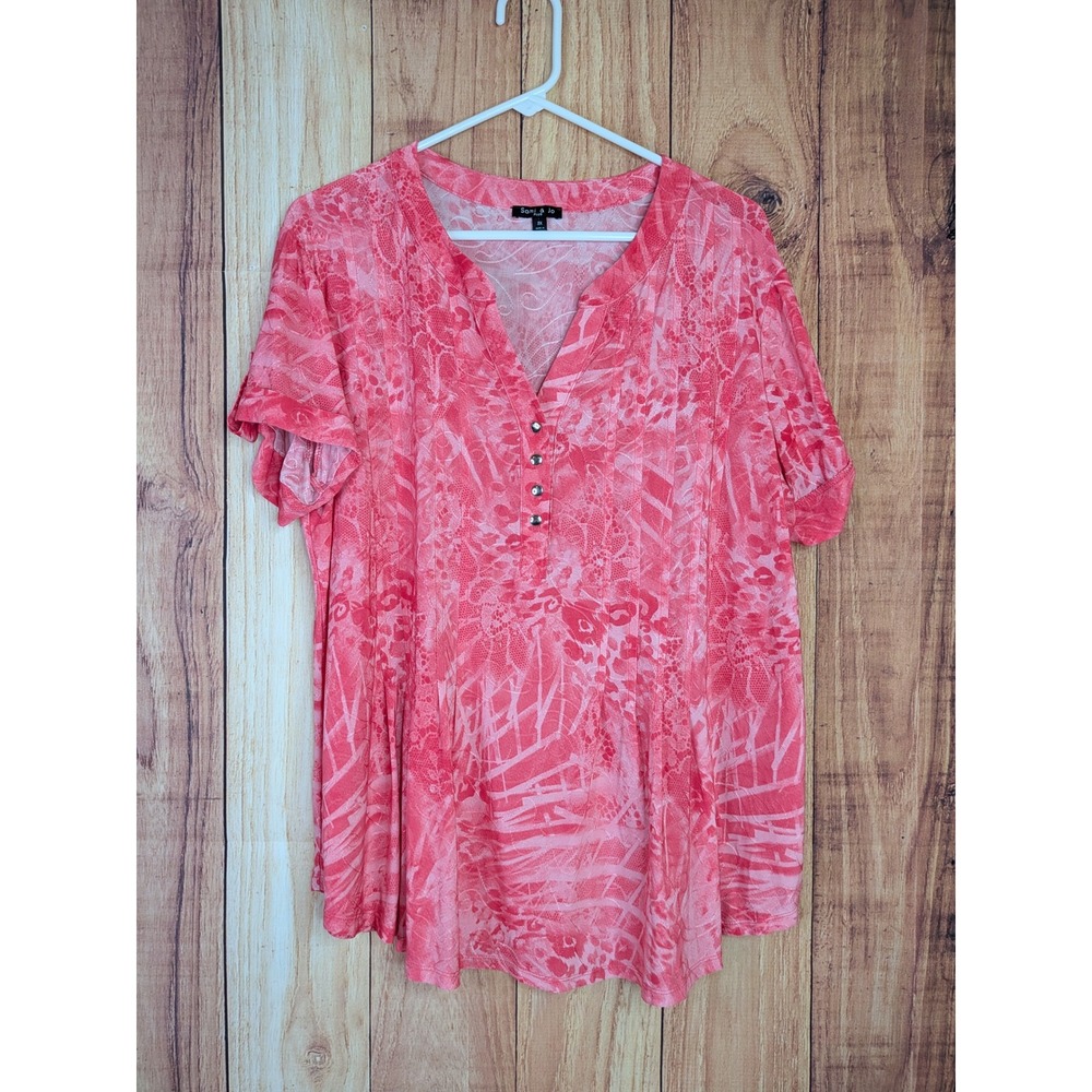 Sami & Jo Paisley Short Sleeve V-Neck Blouse Top Womens Plus Size 2X Pink Red
